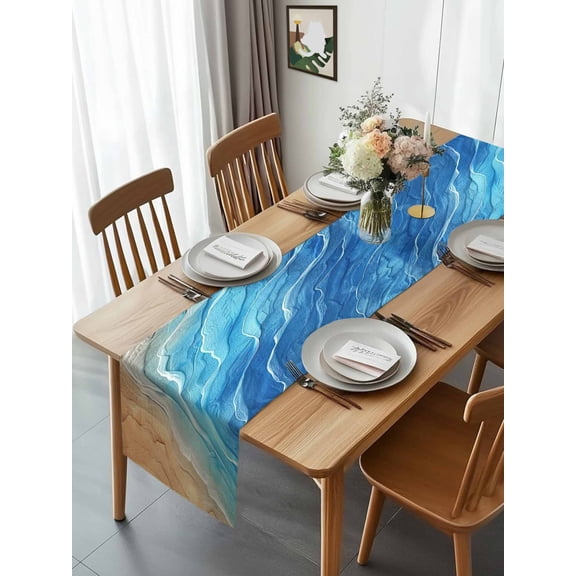 Watercolor Ocean Blue Foamy Wave Table Runner 13x70in Non-Slip Cotton Linen Table Runners, Coastal Seaside Serene Beach Dresser Scarves TableRunner for Dinner Kitchen Dining Wedding Party