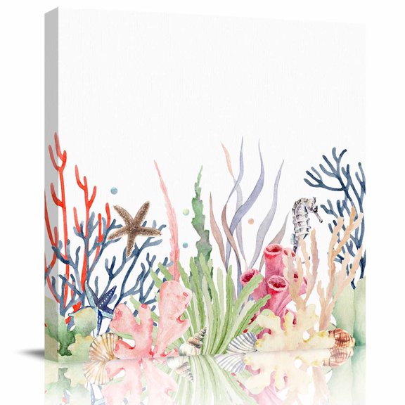 Watercolor Ocean Coral Canvas Print Wall Art Painting, Modern Wall Decor for Bedroom Living Room Giclee Artwork HD Picture Strenched and Framed Summer Seahorse Starfish 8x8 inch