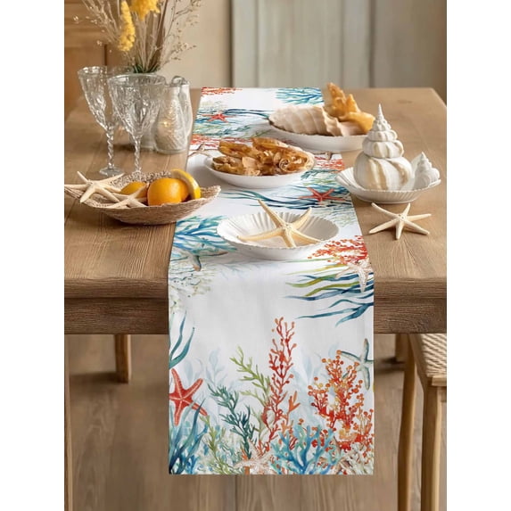Watercolor Ocean Coral Starfish Table Runner 13x36in Non-Slip Cotton Linen Table Runners, Underwater Marine Life Seaweed Dresser Scarves TableRunner for Dinner Kitchen Dining Wedding Party