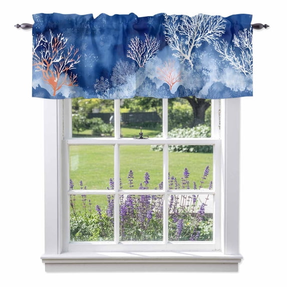 Watercolor Ocean Coral Texture Valances for Windows,Kitchen Valance Rod Pocket Short Curtain, Abstract Marine Life Valance Curtain Window Valances for Bedroom Bathroom Living Room 42x12in