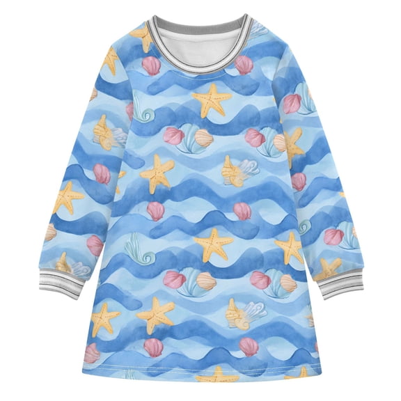 Watercolor Ocean Life Girls'long-sleeved dress Thickened A-dress Warm Dress Basic Shirt Party Dresses