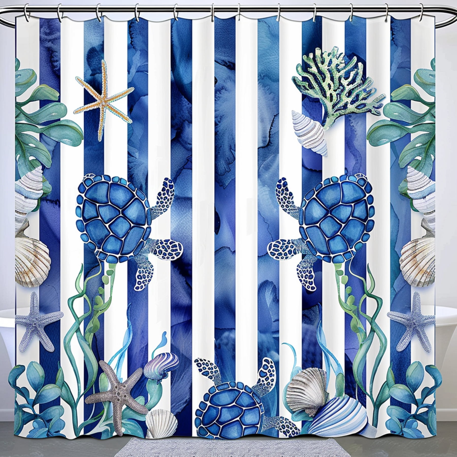 Watercolor Ocean Life Shower Curtain Vibrant Bathroom Decor with Sea