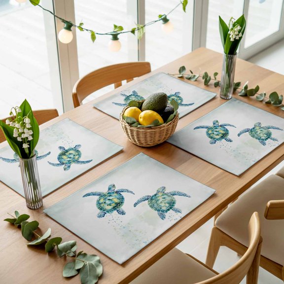 Watercolor Ocean Sea Turtle Placemats Set of 4,Wipeable Washable Table Mats for Dining Tables, Summer Underwater Life Place Mats for Kitchen Event Party Tabletop Decor