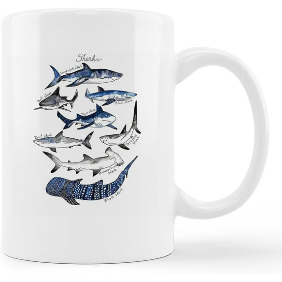 Watercolor Ocean Sea Types of Sharks Ceramic Mug-11oz Coffee Milk Tea Mug Cup with Handle,Gifts for Shark Lovers Kids Adults
