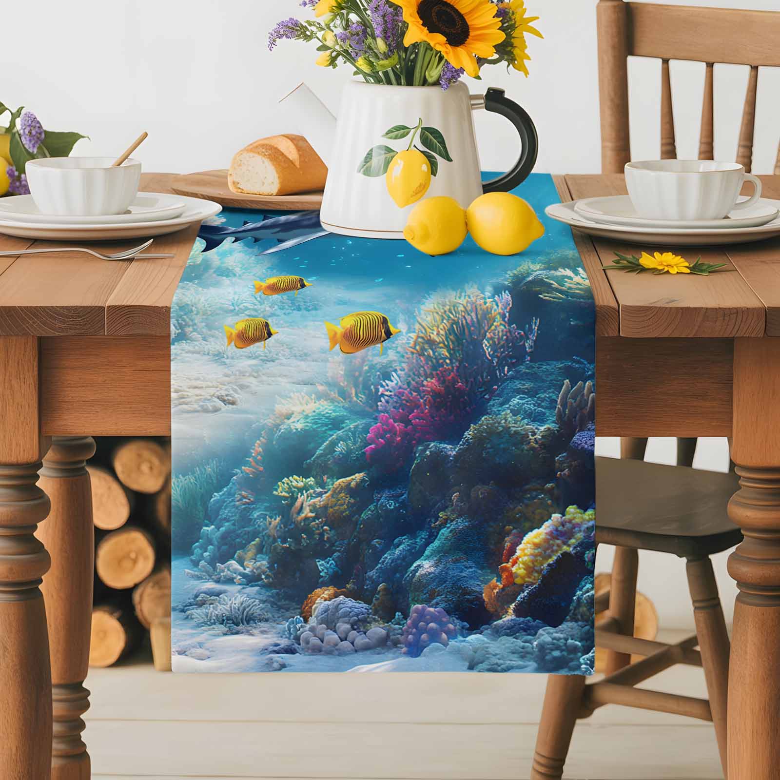 Watercolor Ocean Shark Coral Fish Table Runners 13x36 Inches Long Linen ...