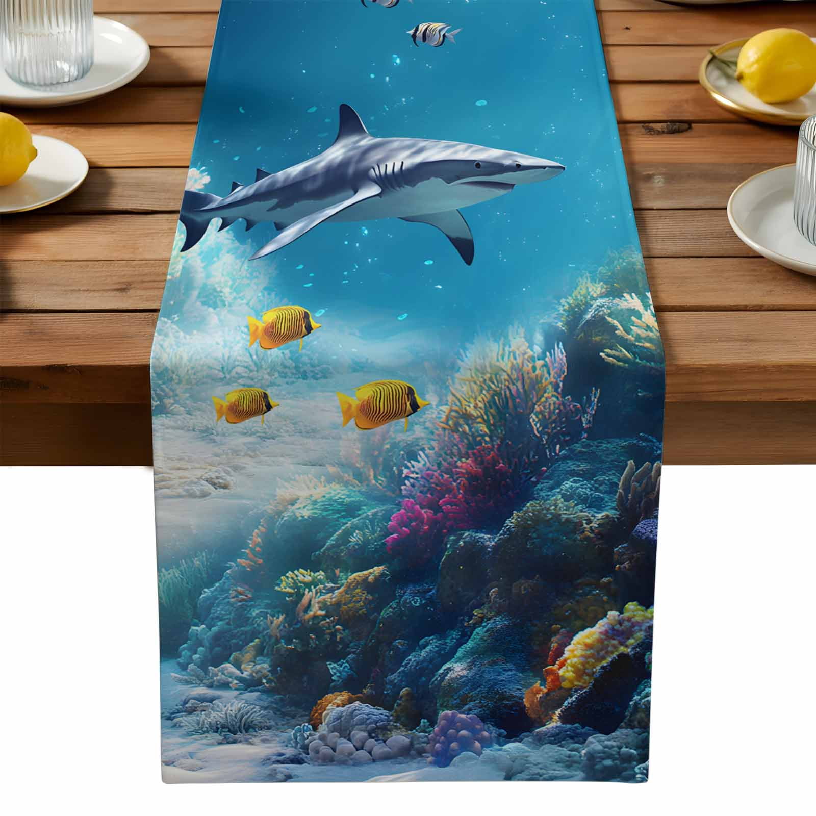 Watercolor Ocean Shark Coral Fish Table Runners 13x90 Inches Long Linen ...
