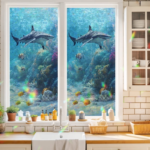 Watercolor Ocean Shark Coral Fish Window Privacy Film,Decorative Windows Static Cling Underwater Heat Control Removable Glass Sticker for Home Bathroom Bedroom Window Door,17.7x39.3in