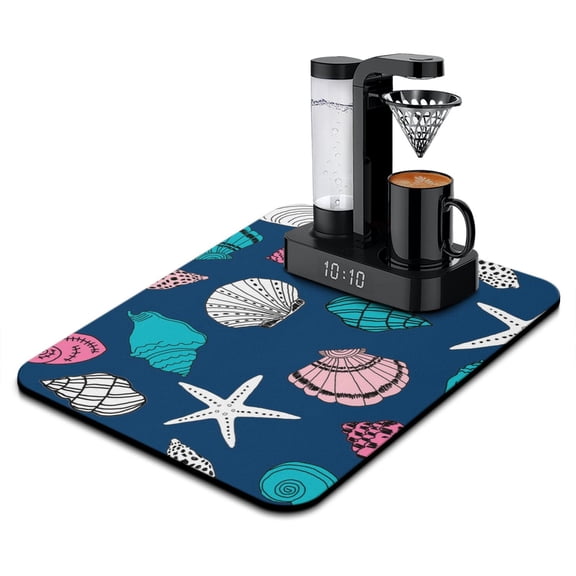 Watercolor Ocean Shell Coffee Bar Mat - Boho Chic Seashell Artwork, 4-Layer Absorbent Construction, 15.7 x 23.6 Inch