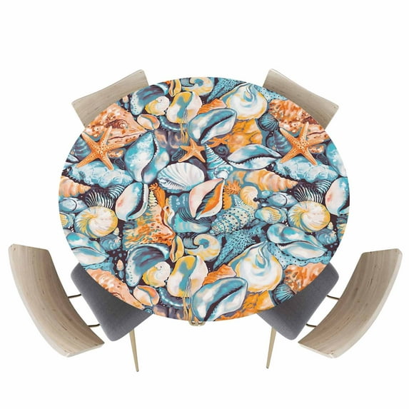 Watercolor Ocean Shell Starfish Conch Fitted Round Tablecloths Elastic Edged Table Covers 36"-44",Vintage Marine Life Waterproof Dining Room Kitchen Table Cloth for Holiday Party Tables Decor