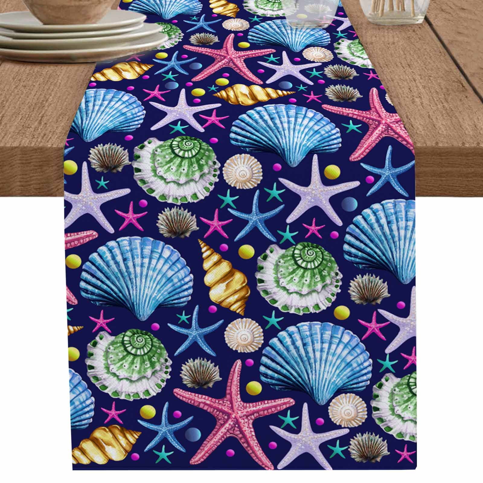 Watercolor Ocean Shell Starfish Conch Table Runner-70 Inch Long Summer ...