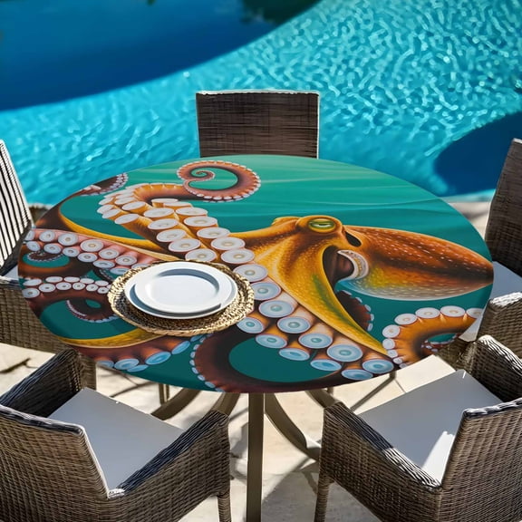 Watercolor Ocean Squid Round Fitted Tablecloth with Elastic Edge,Waterproof Table Cloth Fits Tables Up to 55"-60",Wipeable Washable Table Cover for Indoor Outdoor Dinning Party,Abstract Marine Life