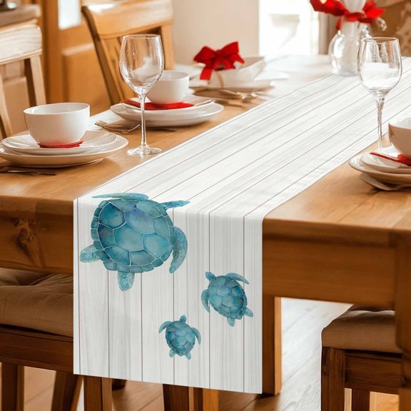 Watercolor Ocean Teal Turtle Table Runner 36 Inches Long,Kitchen Dining Tablerunners Marine Life Wooden Plank Linen Table Runners Dresser Scarves for Home Dinner Wedding Holiday Party Decor