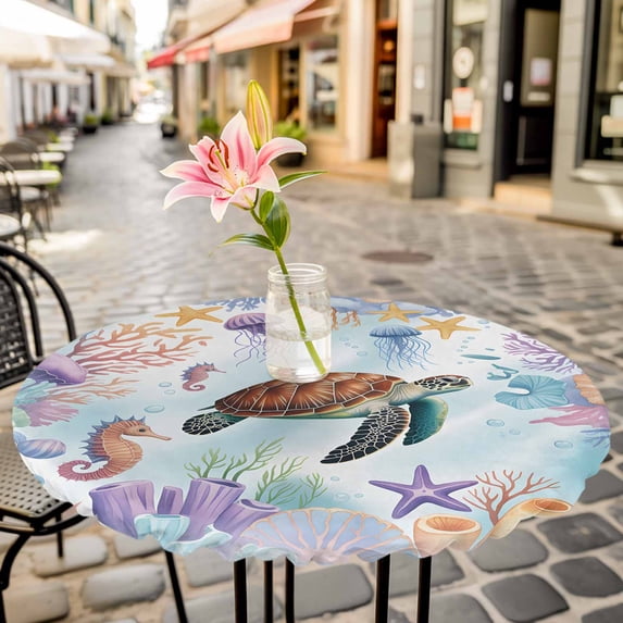 Watercolor Ocean Turtle Coral Conch Round Fitted Tablecloth with Elastic Edge,Waterproof Table Cloth Fits Tables Up to 55"-60",Washable Table Cover for Indoor Outdoor,Starfish Seaweed Jellyfish