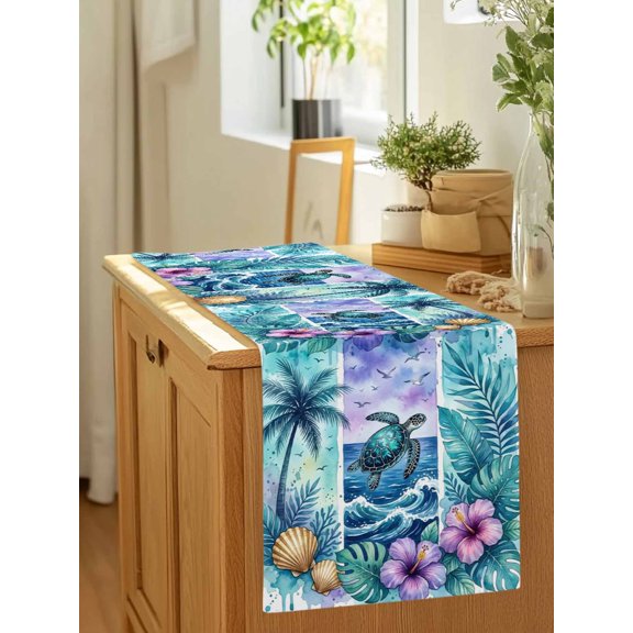 Watercolor Ocean Turtle Flower Table Runner 36 Inches Long,Kitchen Dining Tablerunners Shell Hibiscus Monstera Plant Linen Table Runners Dresser Scarves for Home Dinner Wedding Holiday Party Decor