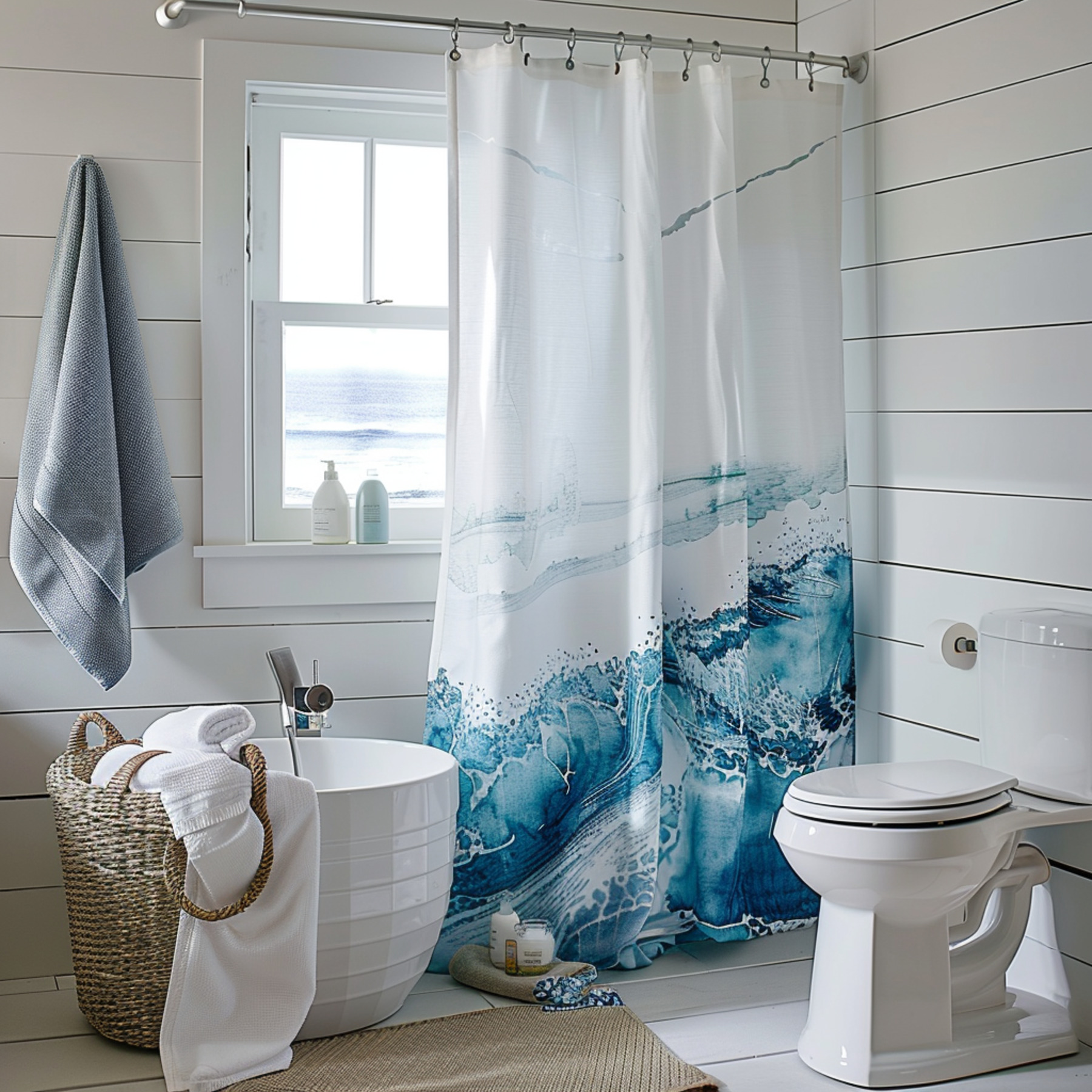 Watercolor Ocean Wave Shower Curtain Coastal Beach Theme Bathroom Decor