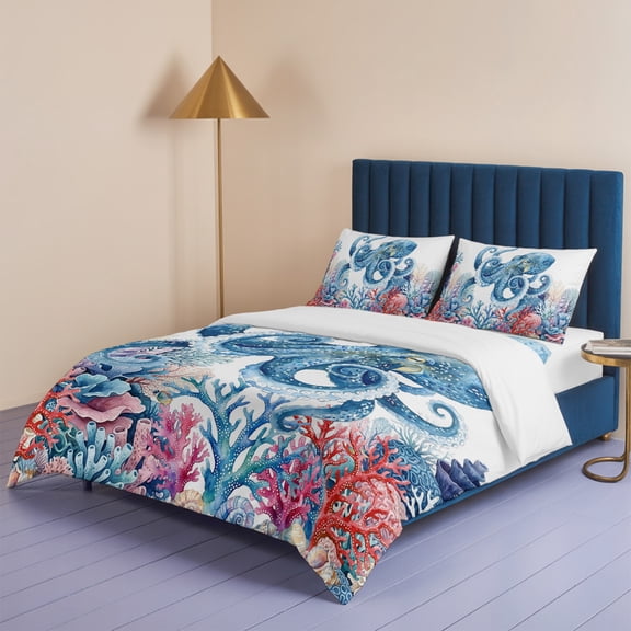 Watercolor Octopus Huge Monster Queen Size Bed Set,Colorful Ocean Coral Seaweed Bedding for All Seasons,4 Pcs Bed Set,1 Quiltcover (90"x90"),1 Sheet (90"x102"),2 Pillowcases (20"x30")
