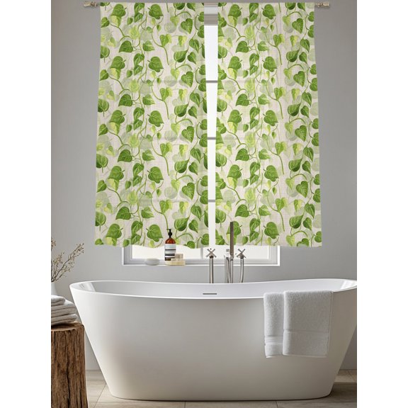Watercolor Olive Green Leaves on Linen Chiffon Sheer Curtains 63 Inches Long Spring Botanical Rod Pocket Window Curtains Voile Drapes Curtains for Living Room Bedroom,2 Panels