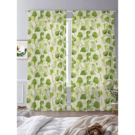 Watercolor Olive Green Leaves on Linen Chiffon Sheer Curtains 84 Inches Long Spring Botanical Rod Pocket Window Curtains Voile Drapes Curtains for Living Room Bedroom,2 Panels