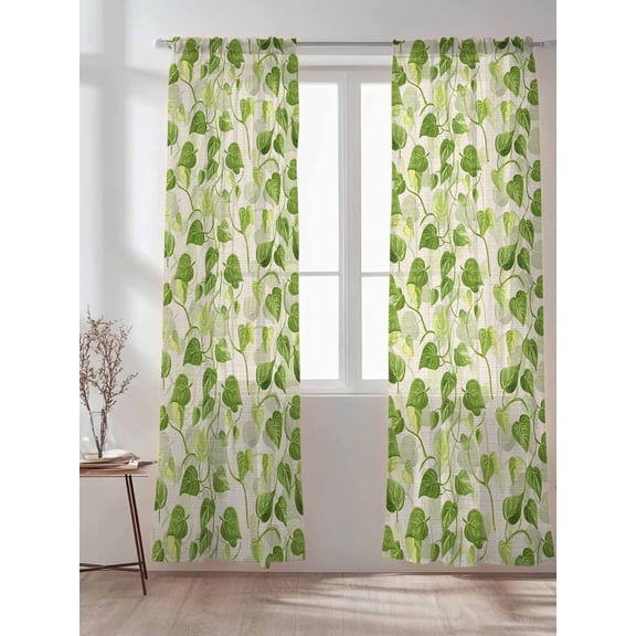 Watercolor Olive Green Leaves on Linen Sheer Curtains 2 Panels Set Spring Botanical Lihgt Filtering Rod Pocket Voile Drape,Semi Sheer Window Curtains for Bedroom Living Room,52"x84"