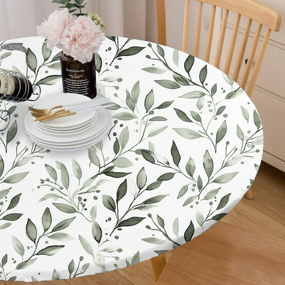 Watercolor Olive Leaves Tablecloth Fitted Elastic Oil-Proof Patio Table Covers Wrinkle Resistant Round Tablecloths Waterproof for 46" - 52" Round Table