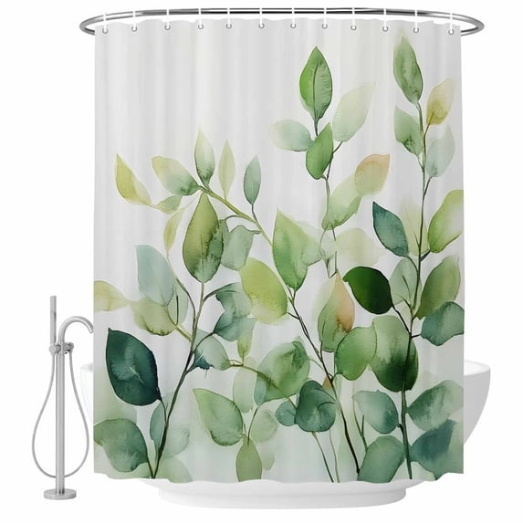 Watercolor Ombre Green Leaf Fabric Shower Curtain Plant Washable Shower Curtains for Bathroom, Waterproof Bath Curtain with Hooks Home Decor 72x72in