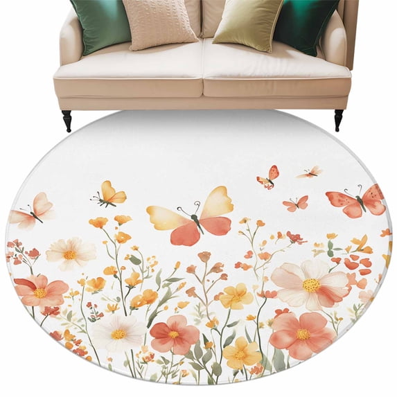 Watercolor Orange Flower Round Area Rug 6ft Butterfly Wildflower Non-Slip Washable Circle Rugs Soft Felt Indoor Floor Mat for Bedroom Kitchen Living Room Bathroom