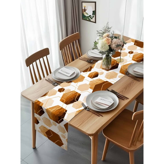 Watercolor Orange Hexagon Table Runner 13x70in Non-Slip Cotton Linen Table Runners, Abstract Geometric Art Dresser Scarves TableRunner for Dinner Kitchen Dining Wedding Party