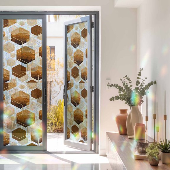 Watercolor Orange Hexagon Window Privacy Film, Rainbow Film Decorative Window Sticker 23.6x78.7in, Abstract Geometric Art Sun Blocking Static Stained Glass Cling Tint Non-Adhesive