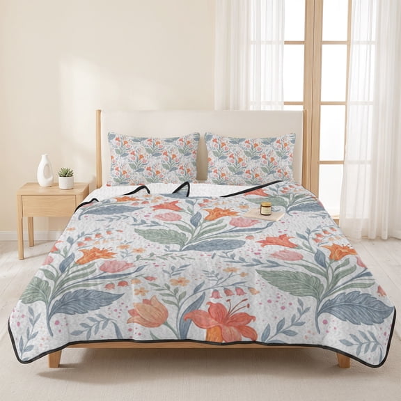 Watercolor Orange Pink Floral Style 3 Pieces Quilt Set,1 Quilt with 2 Shams,Sage Green Leaves Bedspread Soft Lightweight Bedding Coverlet Comforter Set for All Season 96"x106"