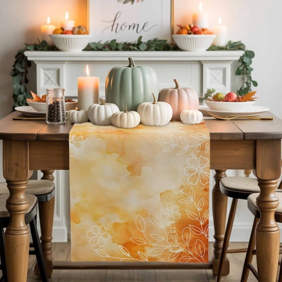 Watercolor Orange Table Runner, Autumn Thanksgiving Kitchen Dining Table Decoration for Home Party Decor 13x72 Inches