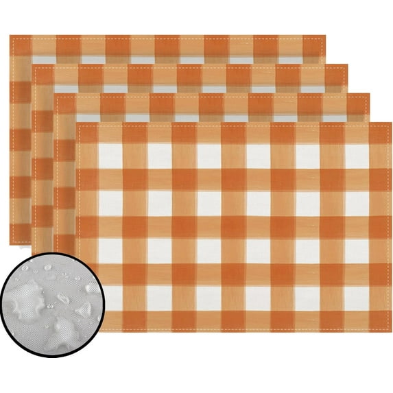 Watercolor Orange White Buffalo Check Plaid Placemats Set of 4 Gingham Farmhouse Spring Summer Fall Party Decorations and Supplies for Home Kitchen Dining Room Table-12×18''''