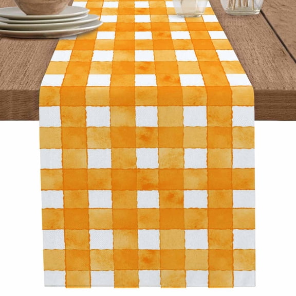 Watercolor Orange White Lattice Plaid Table Runner-36 Inch Long Abstract Art Table Runners Linen Burlap Tablerunner for Kitchen Dining Room Holiday Party