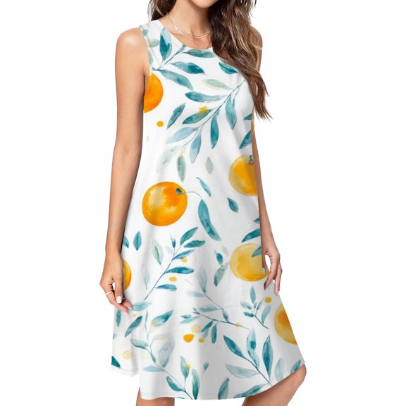 Watercolor Oranges Leafy Pattern Design Casual Sleeveless Loose Sundress Dress For Women Summer Dress Daily Woman