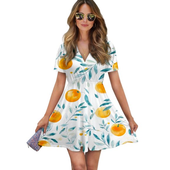 Watercolor Oranges Leafy Pattern Design Women Dress V-Neck Short Sleeve Flowy Swing Party Midi Dress