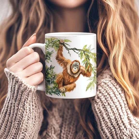 Watercolor Orangutan Mug, oz Ceramic Monkey Coffee Cup, Endangered Species Tea Cup, Unique Gift Animal Enthusias, Orangutan Gift.
