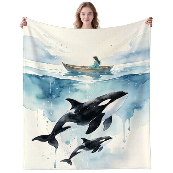 Watercolor Orca Blanket Gifts for Women Men Adults Orcas Lovers Cozy Plush Blue Boat Orca Throw Blankets for Travelling Sofa Decor Birthday Gifts 50×40 Inch