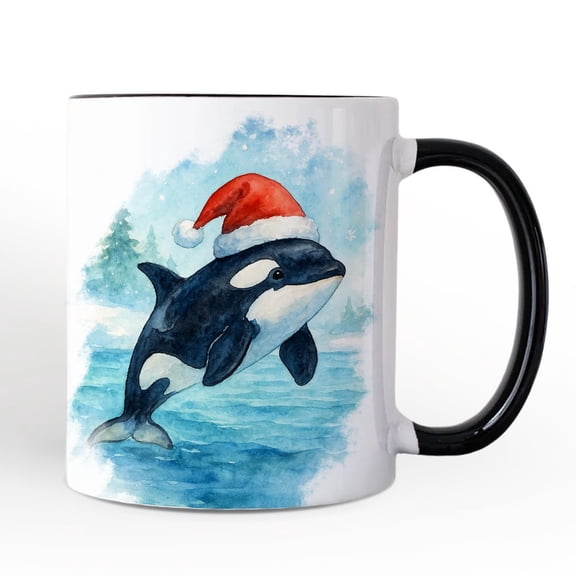 Watercolor Orca in Santa Hat Christmas Personalized Mug, Marine Animal Holiday Gift with Custom Name