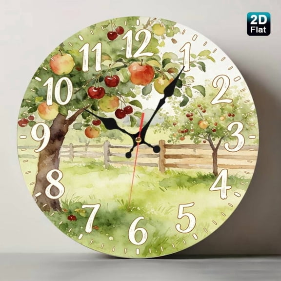 Watercolor Orchard Apple Tree Round Wall Clock, Silent Non‑Ticking Rustic Farmhouse Wall Clock, Fruit Garden Countryside Decor Clock for Kitchen Dining Room