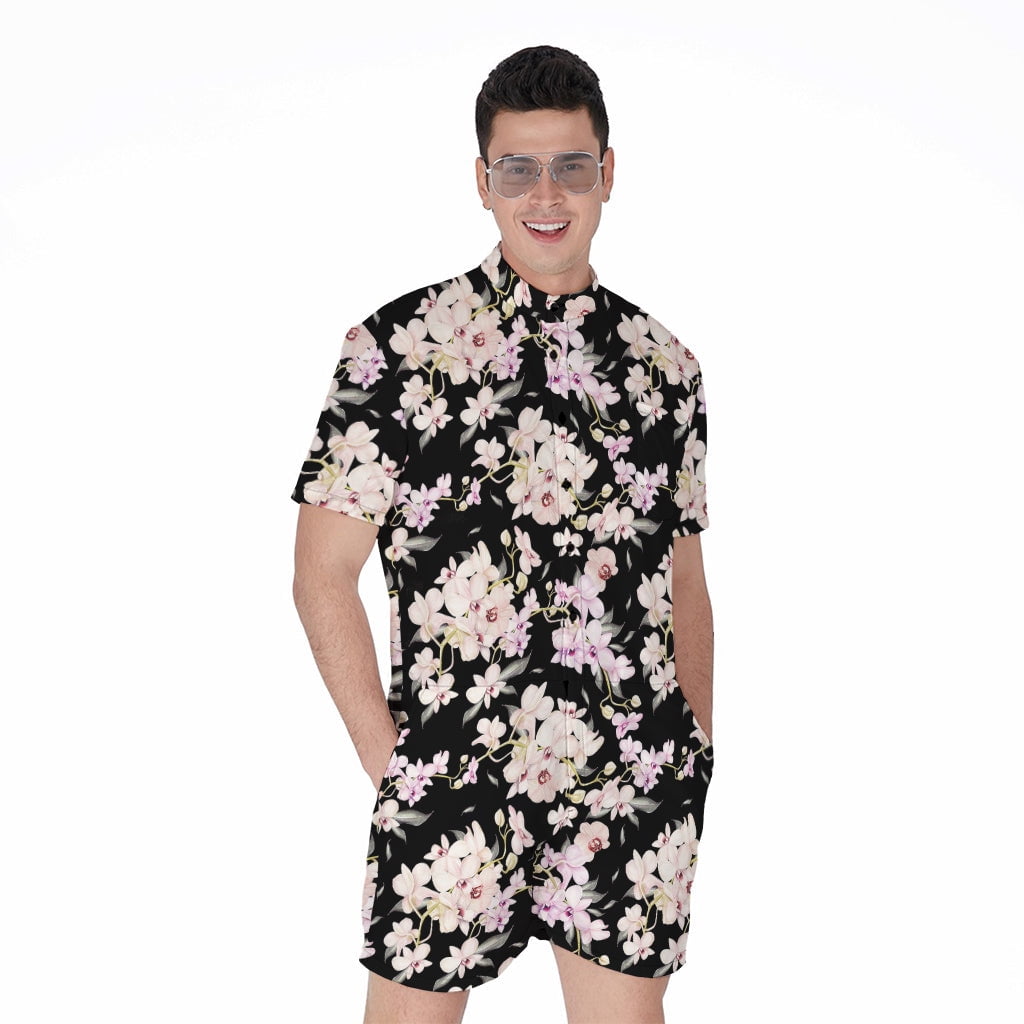 Flower Rumpers Watercolor Orchid Flower Pattern Short Sleeve Men'S Rompers, Floral ...