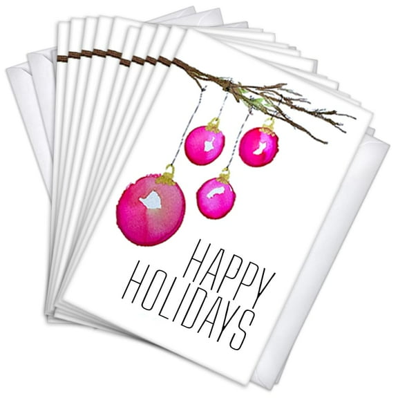 Watercolor Ornaments Traditional Holiday Greeting Cards | 10 Pack Bulk Set (4x6)