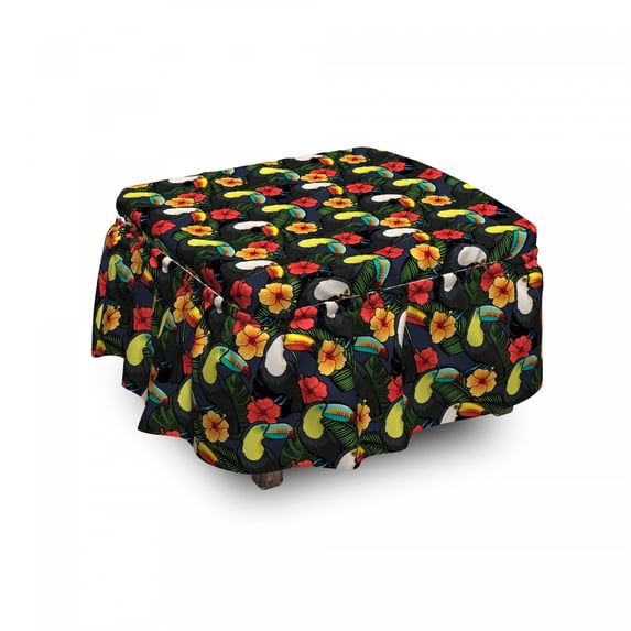 Watercolor Ottoman Cover, Toucan and Hibiscus, 2 Piece Slipcover Set with Ruffle Skirt for Square Round Cube Footstool Decorative Home Accent, Standard Size, Multicolor, by Ambesonne