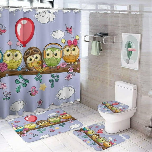 Watercolor Owl 4 Pcs Shower Curtain set Bathroom Set Beautiful Feathers Plants Flowers Graffiti Tie Dye Art Style Shower Mat Shower Curtain with Rug 12 Hooks,72" W x 72" L