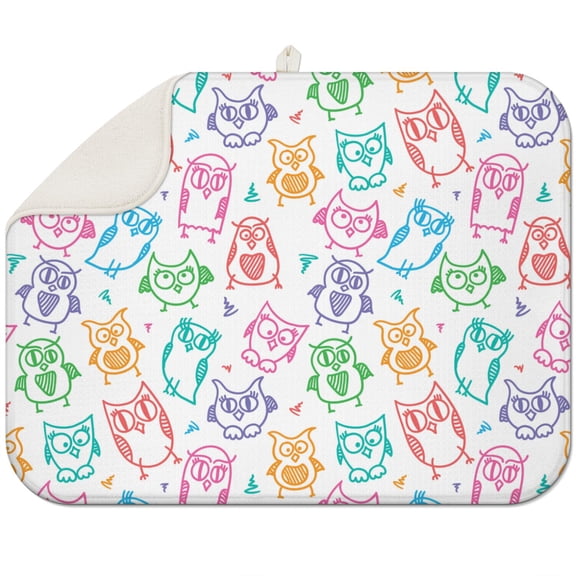 Watercolor Owl Artwork Drying Mat - Absorbent 3-Layer Kitchen Mat, Foldable & Multipurpose for Dishes