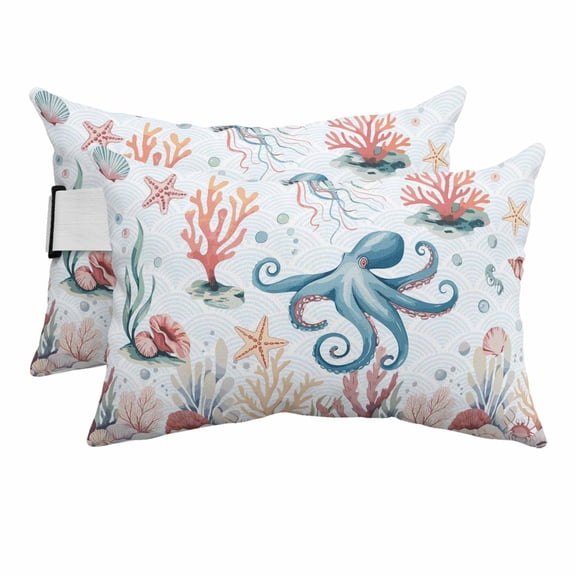 Watercolor Oxygen Coral Shell Outdoor Pillow for Chaise Lounge Chair,Head Resting&nbsp;Pillow with Insert, Marine Life Seamitter Waterproof Lumbar Pillows for Patio Chaise Beach Chair,11"x16" 2 Pack