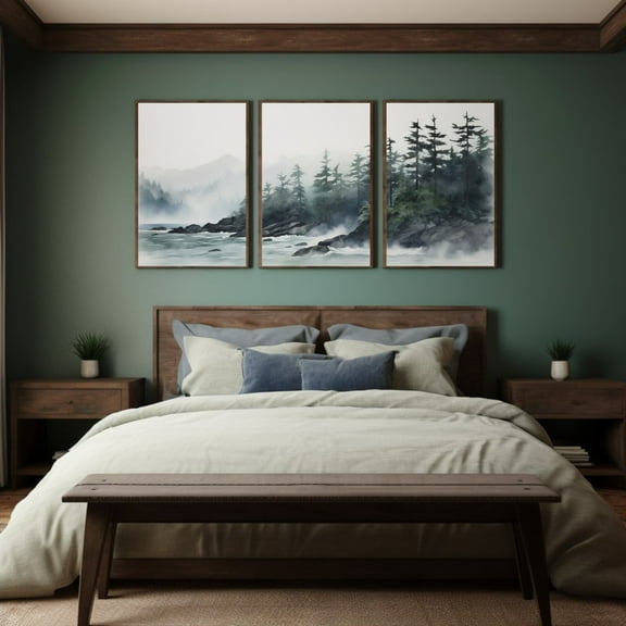 Watercolor Pacific Coast Triptych Canvas Set Misty Forest Wall Art Set 3
