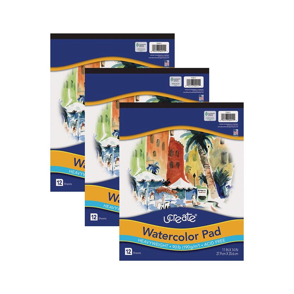 Watercolor Pad, 90 lb., 11" x 14", 12 Sheets, Pack of 3