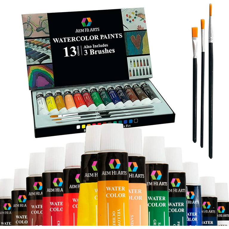 AEM Hi Arts Watercolor Paint Artist Set - by 13 Tube Art Kit Includes Colorful Water Color Paints and Watercolor Brushes - Portable, Small and Washabl