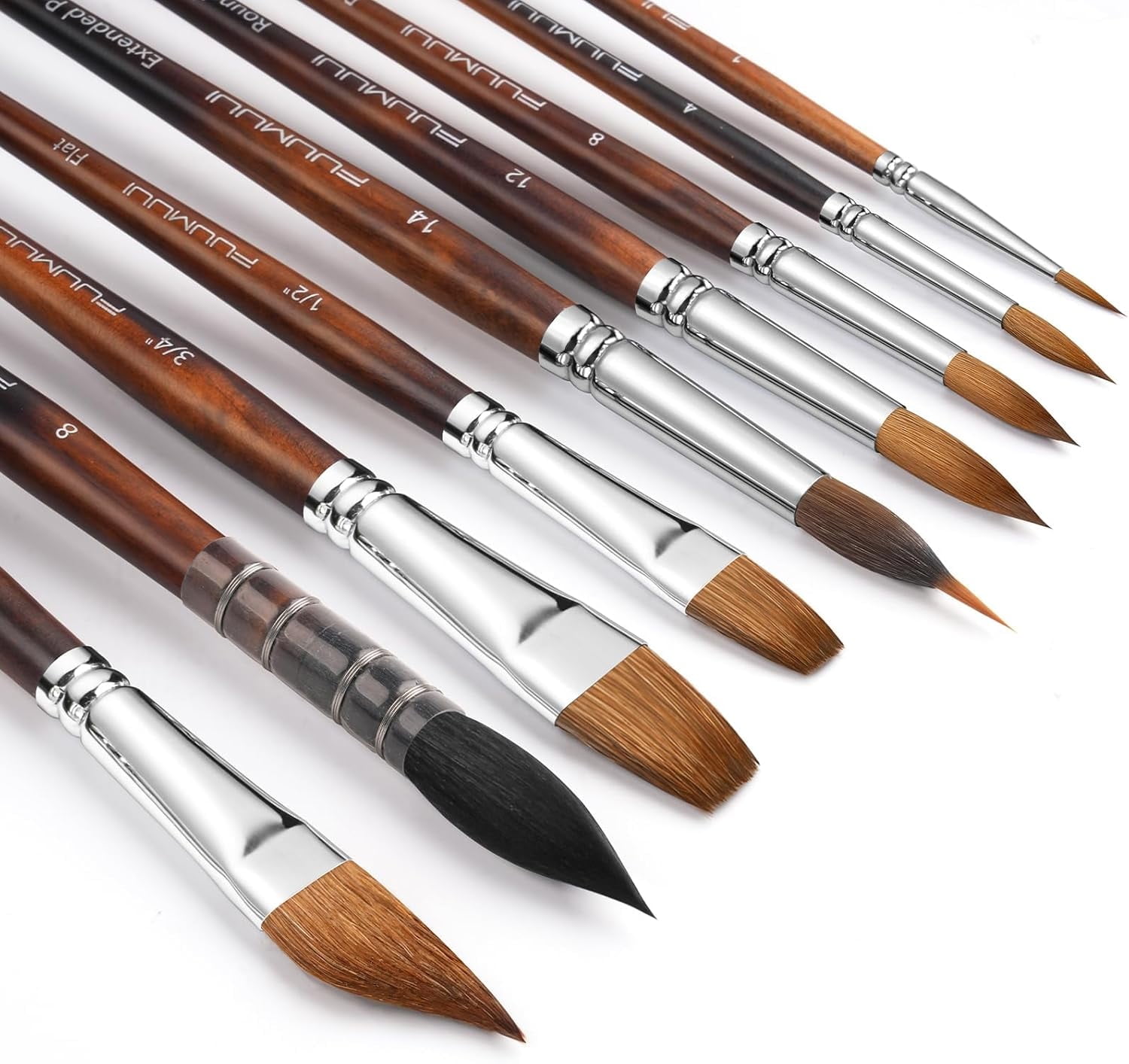 Watercolor Paint Brushes,9pcs Fuumuui Professional Sable Brushes & Natural Sable Mop Brush Set with Extended Needle,Round Point,Flat,Dagger,Quill Wash for Watercolor Gouache Inks