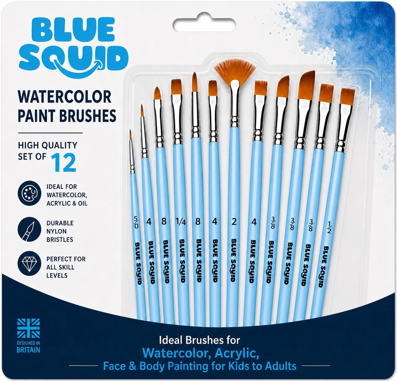 Watercolor Paint Brushes Set of 12 - Professional Artist Brush Set with Soft Synthetic Nylon Bristles - Art Brushes Ideal for Watercolor, Acrylic, Face & Body Painting for Kids to Adults