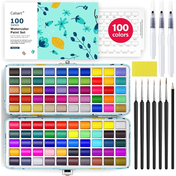 Watercolor Paint Set, 100 Colors Portable Travel Water Color Palette Kit with Detail Painting Brush, Art Supplies Christmas Gifts for Artists Adults Teen Girls Boys Beginners